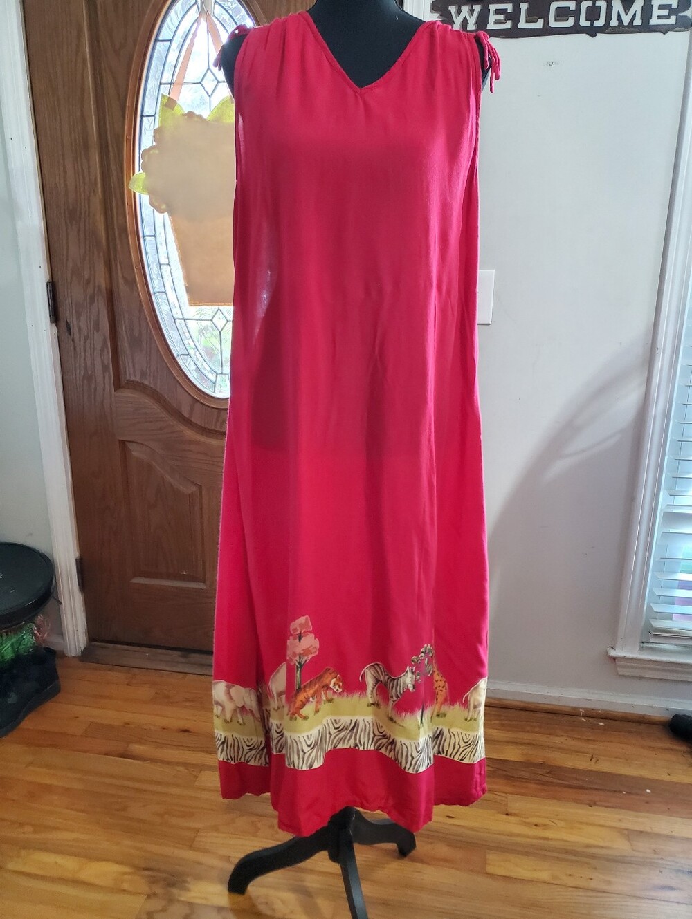 Desert Jems Safari Border Print Maxi Dress Hot Pink Tie Shoulder Rayon Size L